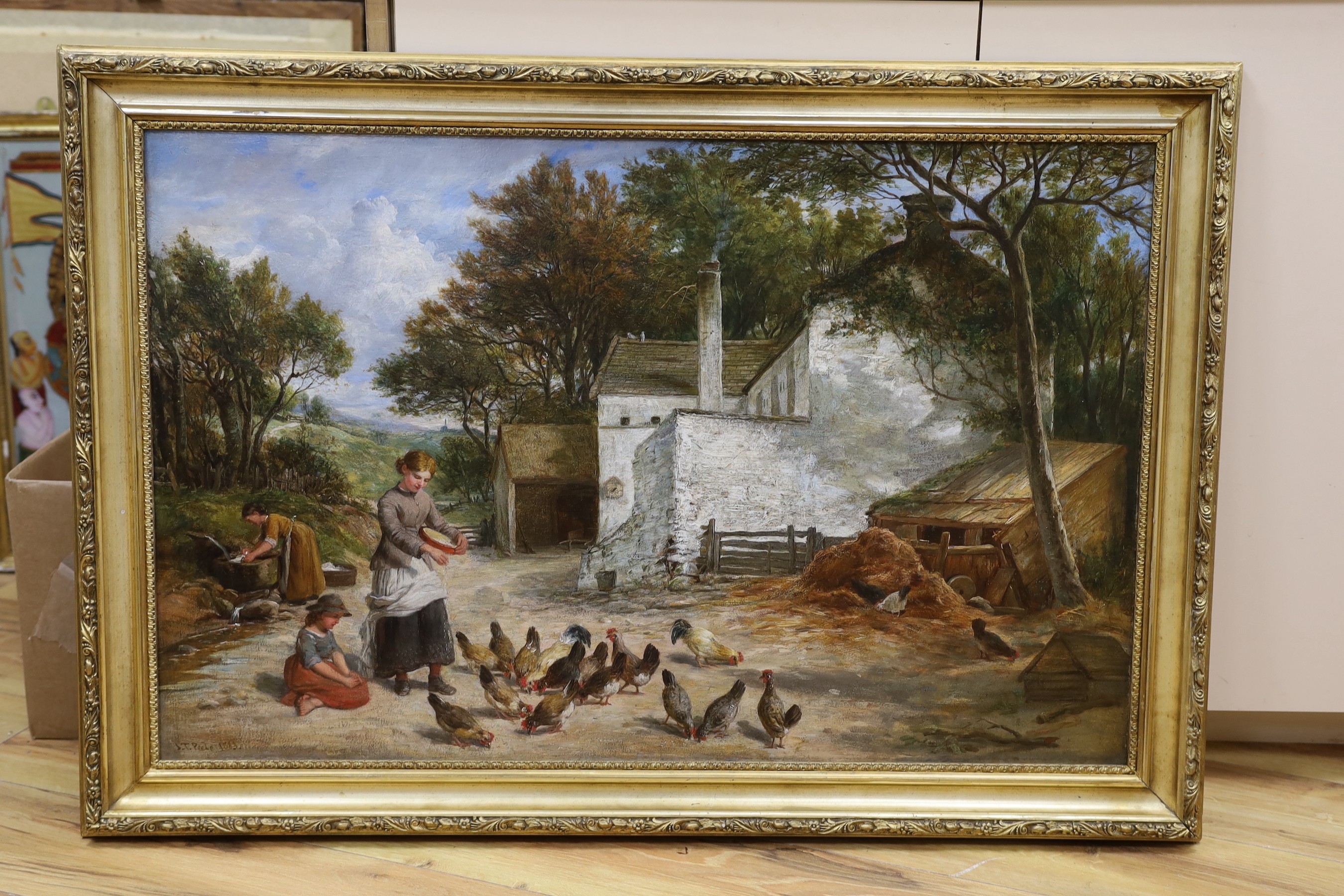 John Thomas Peele (1822-1897), Feeding the chickens, oil on canvas, 55 x 85cm